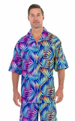Blue Neon Palm Leaf Luau Shirt | Summer